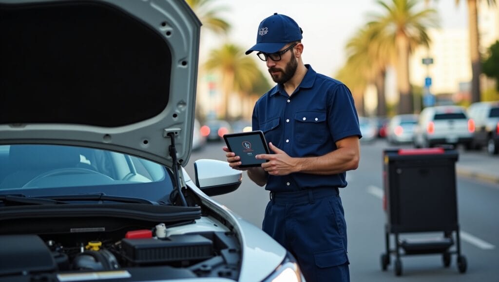 Mobile mechanic diagnosing a check engine light issue on-site in Los Angeles