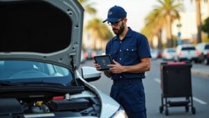 Mobile mechanic diagnosing a check engine light issue on-site in Los Angeles